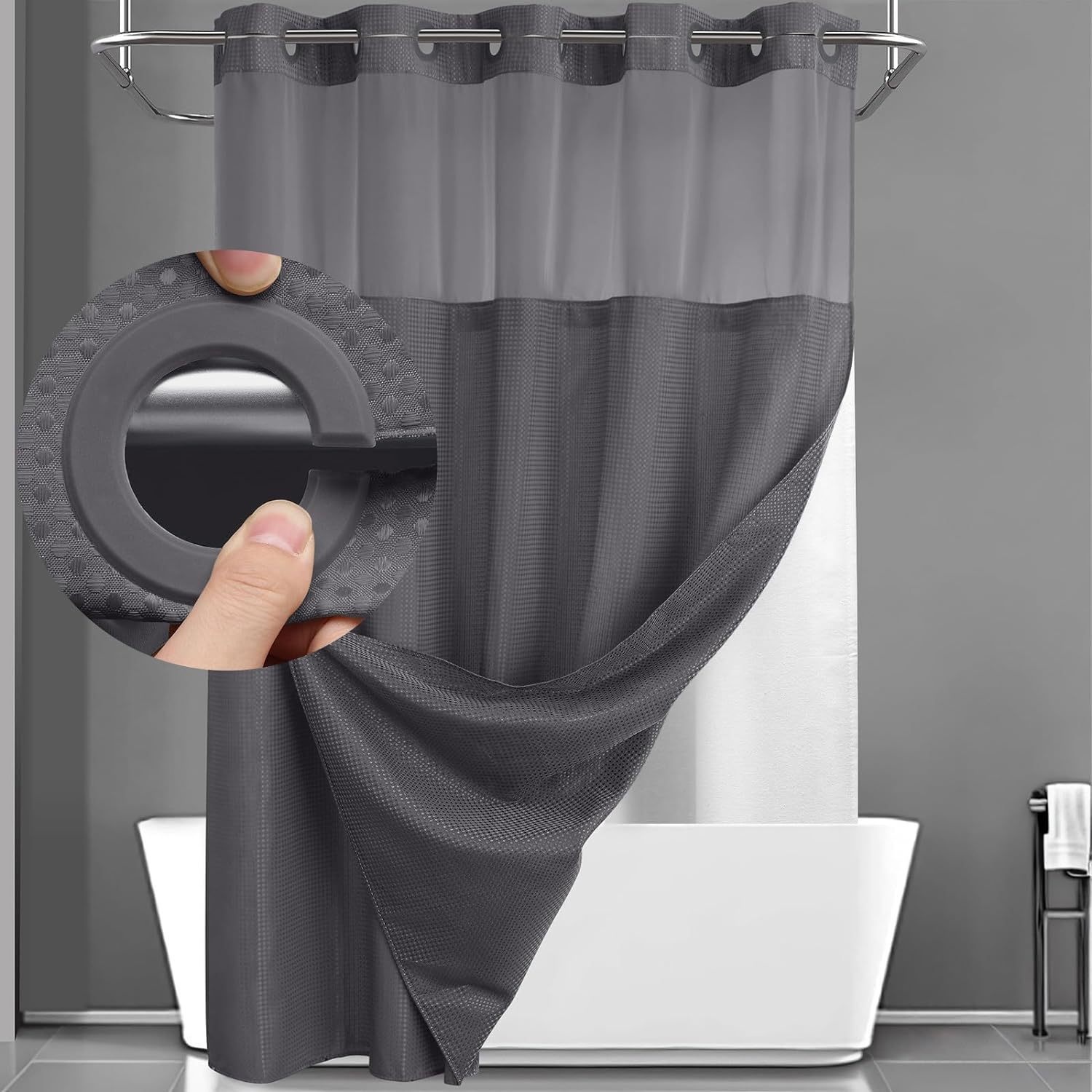 Double Layer Waffle Textured Waterproof Polyester Shower Curtain with Large Loops for Bathroom Privacy